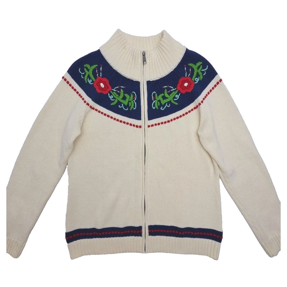 Talbots Cardigan Sweater Women XL Ivory BLue Floral Embroidered Cotton Full Zip